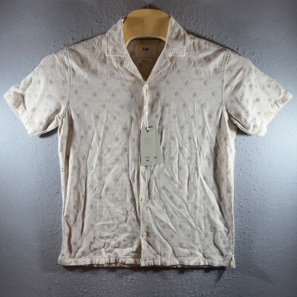 1773 | NWT Folk Boho Linen Blend Embroidered‎ Camp Collar Shirt Stone Mens S